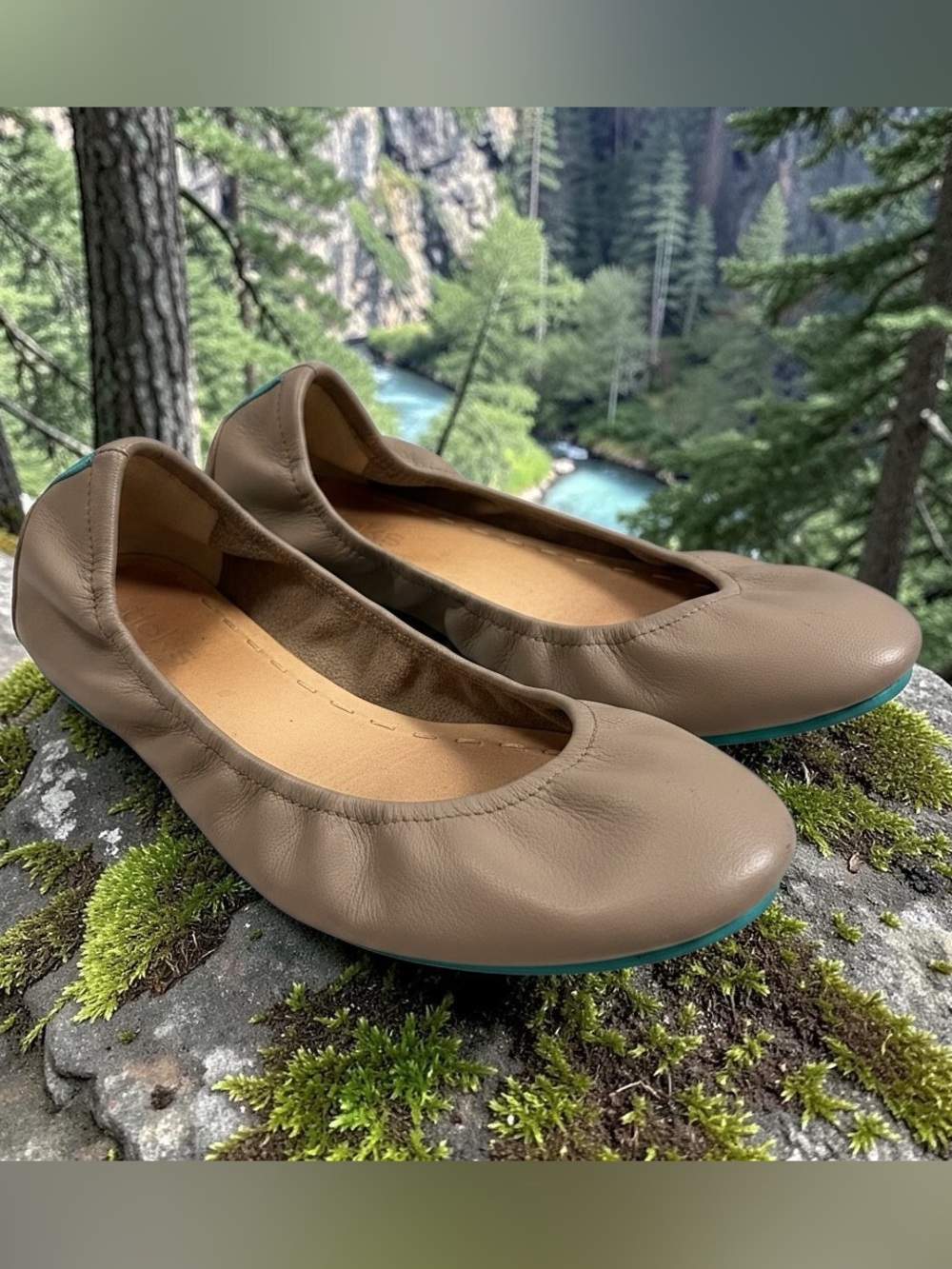 Tieks Women's Taupe Leather Ballet Flats with Teal Accent Sole